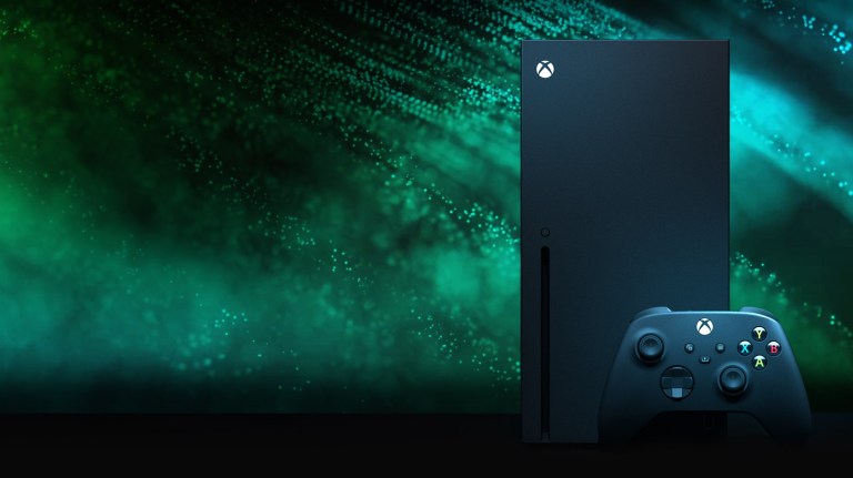 An Xbox Series X on an interesting green and black background.