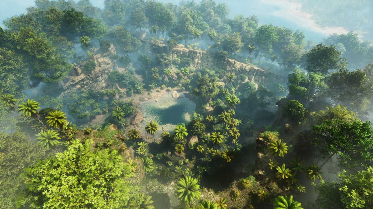 A hidden lake sheltered between cliffs shown in an Ark: Survival Ascended screenshot.