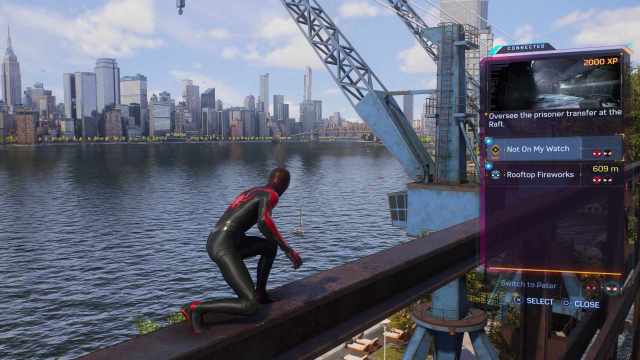 Miles Morales in Spider-Man 2 trying to change to Peter Parker on a bridge