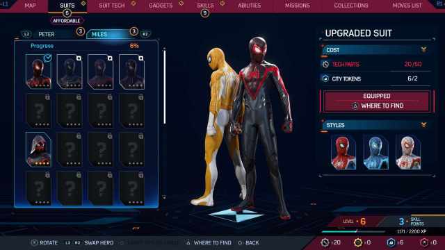 Spiderman Miles and Peter suit selection screen in spider-man 2