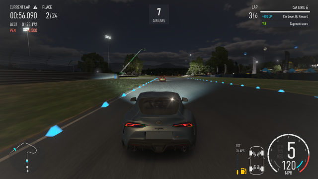 A car in Forza Motorsport races on the track as a level up message is displayed.