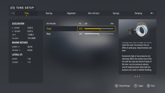 A screenshot of the Tuning menu in Forza Motorsport showing sliders to adjust tire pressure.