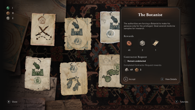 Image of the contract board in Assassin's Creed Mirage showing The Botanist contract.