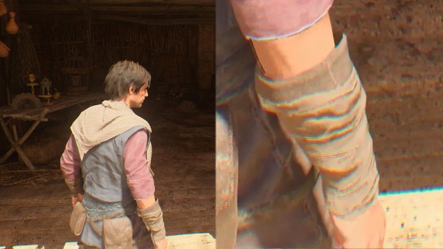 Assassin's Creed Mirage's protagonist, Basim, is shown next to a zoomed-in view of his arm to demonstrate the chromatic aberration effect.