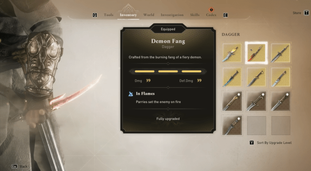 Image of the weapons inventory in Assassin's Creed Mirage showing the Demon Fang dagger.