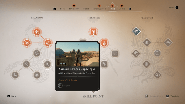 Image of the skills menu in Assassin's Creed Mirage.