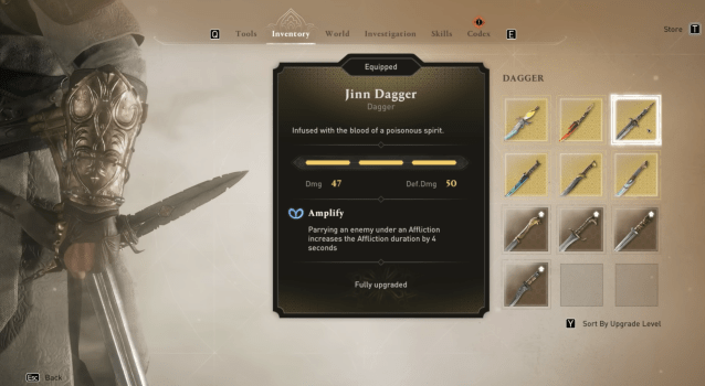 Image of the weapons inventory in Assassin's Creed Mirage displaying the Jinn Dagger option.