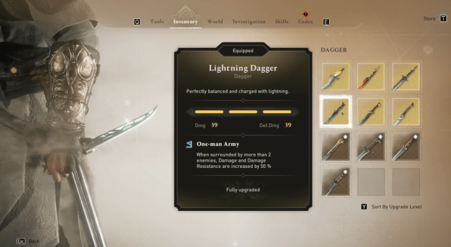 Image of the weapons inventory in Assassin's Creed Mirage showing the Lightning Dagger.