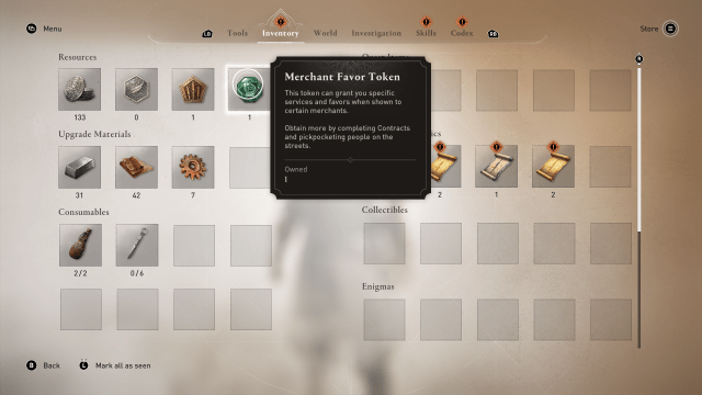 Image of the inventory in Assassin's Creed Mirage showing the Merchant Favor token.