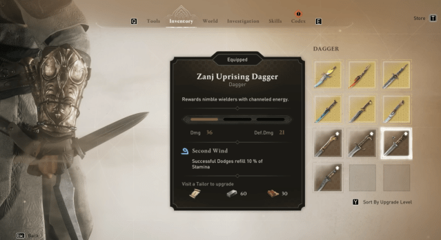 Image of the weapons inventory in Assassin's Creed Mirage displaying the Zanj Uprising Dagger.