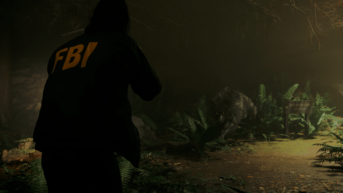 An in game screenshot of Saga fighting the Taken from Alan Wake II