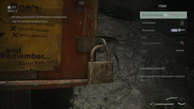 A locked emergency box in Alan Wake 2 with a menu of items to choose on the right