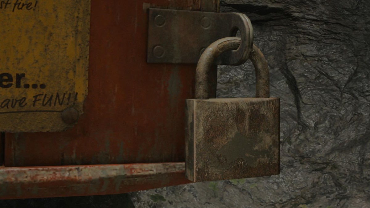 A rusted lock on an emergency box