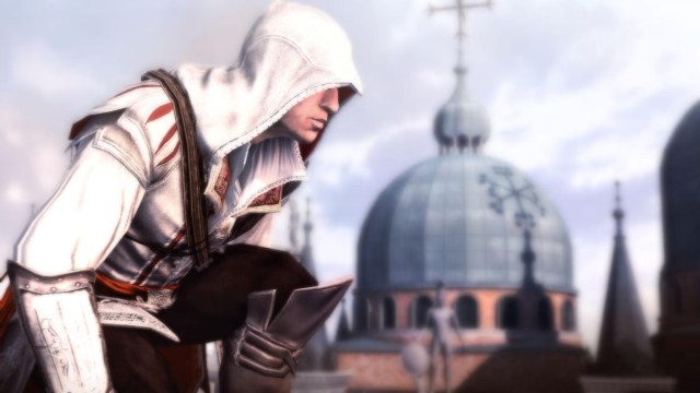 Ezio Auditore overlooking a city from a vantage point