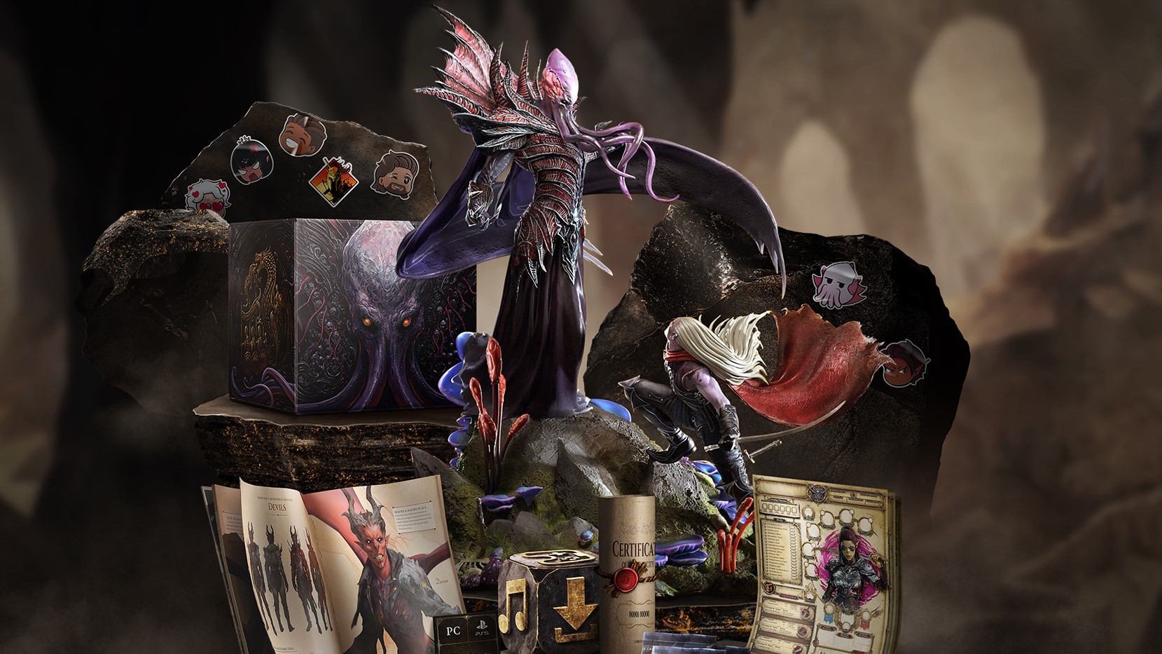 An image of some of the items that come with the Baldur's Gate 3 Collector's Edition.