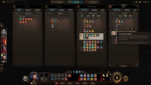 Image of the spellbook in Baldur's Gate 3 which shows Gale's spell options.