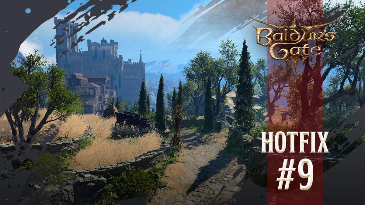 Official art for the Hotfix 9 of Baldur's Gate 3. The image also features a forest with a castle in the background.