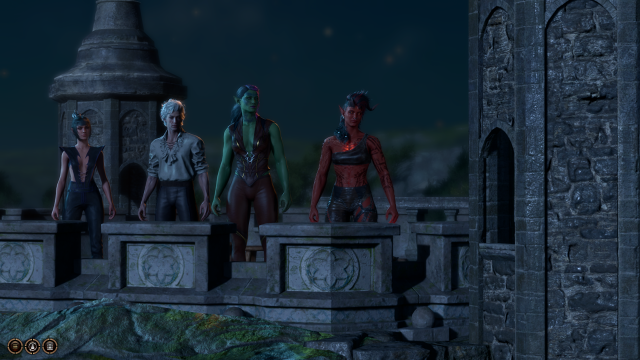 Shadowheart, Astarion, Tav, and Karlach standing on top of a stone building at night time.