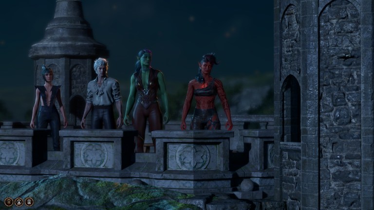 Baldur's Gate 3 party including Tav, Karlach, Astarion, and Shadowheart standing on walls.