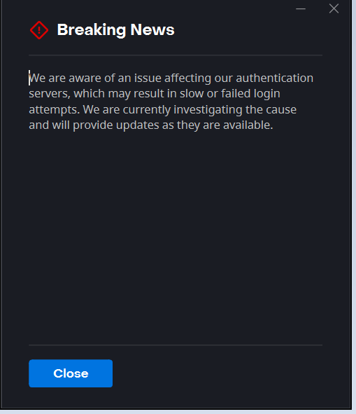 Breaking news message from Blizzard that there are log-in issues