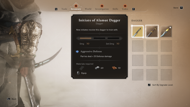 Image of the weapons inventory in Assassin's Creed Mirage, showing the Initiate of Alamut Dagger.