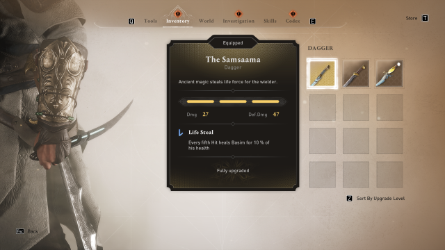 Image of the weapons inventory in Assassin's Creed Mirage, displaying the legendary Samsaama Dagger.