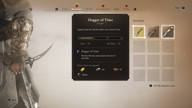 Image of the weapons inventory in Assassin's Creed Mirage, hovering over the Dagger of Time.