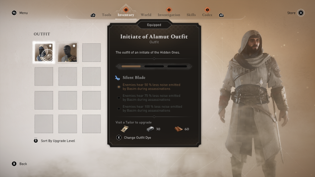 Image of the outfit inventory in Assassin's Creed Mirage, showing the Initiate of Alamut Outfit stats. 