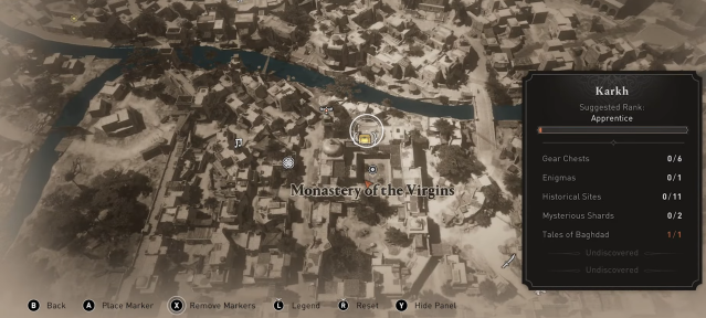 Image of the map in Assassin's Creed Mirage showing the chest that leads to the Abbasid Knight Outfit.