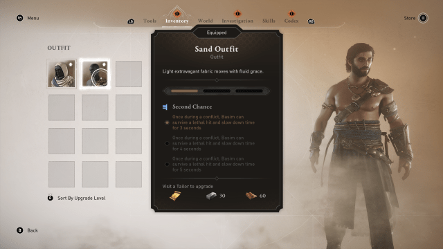 Image of the outfit inventory in Assassin's Creed Mirage, hovering over the Sand Outfit.