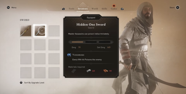 Image of the weapons inventory in Assassin's Creed Mirage, showing the Hidden One Sword