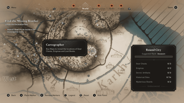 Image of the map in Assassin's Creed Mirage with the cursor hovered over the Cartographer.