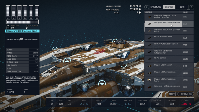 Image of the Starfield ship builder menu showing the Disruptor weapon place on a ship.