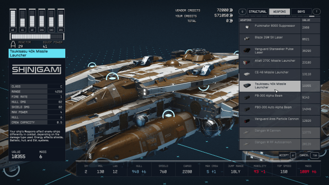 Image of the Starfield ship builder menu displaying the missile launcher weapon option.