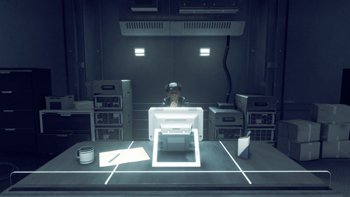 A Ship Services Technician wearing a cap stands in front of a computer monitor in Starfield.