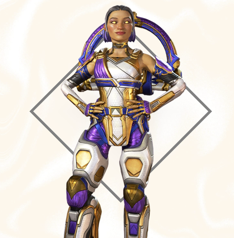 Conduit from Apex Legends stands in her normal outfit that has been recolored with white, golds, and bright purple accents.