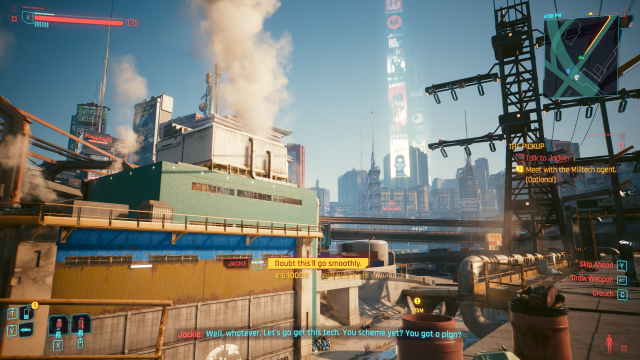 a scenic view of Night City during the day, while Jackie and V discuss options during the job The Pickup (Cyberpunk 2077).