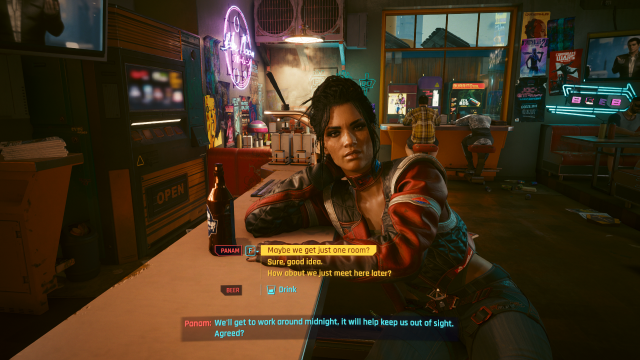 Panam sitting across from V in the 6th street hotel bar in Cyberpunk 2077.