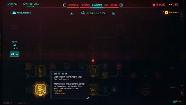 image displays the description for the skill Eye in the Sky in Cyberpunk 2077.