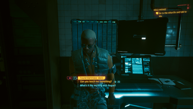 Dialogue options while speaking with Nix in his office during Kold Mirage (Cyberpunk 2077).