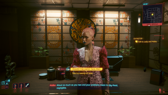 Maiko, a woman with orange hair and a pink cheetah print dress, standing in front of a decorative office backdrop. (Cyberpunk 2077).