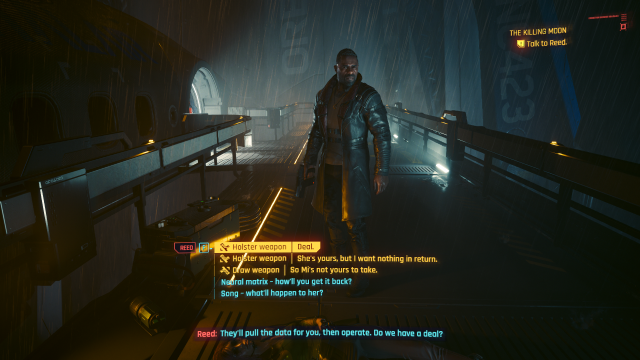 Reed confronting V outside of the space shuttle in the rain in The Killing Moon (Cyberpunk 2077).