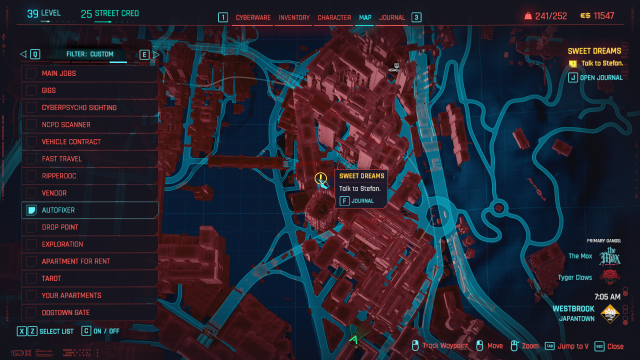 A screenshot of Cyberpunk's map, with the Sweet Dreams quest being tracked and marked in Westbrook (Cyberpunk 2077).