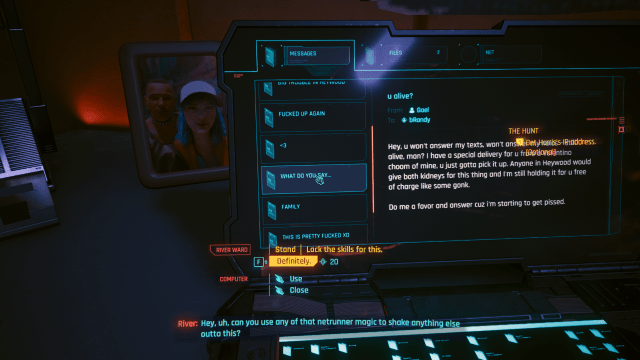 Randy's computer and dialogue options with River to trace an IP address in Cyberpunk 2077.