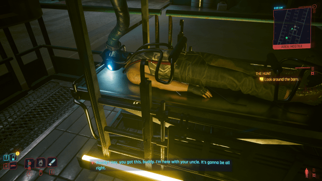 Randy on an operating bed hooked up to a feeding tube in Cyberpunk 2077