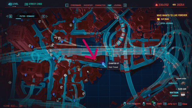 A red arrow on the Cyberpunk 2077 that points out the exact location of Judy's apartment in Watson.