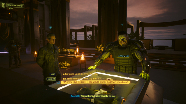 Jago and Bennett standing over Kurt Hansen's casket in Cyberpunk 2077.