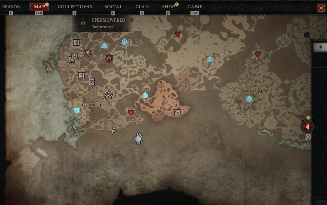 Image of the map in Diablo 4 showing the location of the Gaping Crevasse dungeon location.