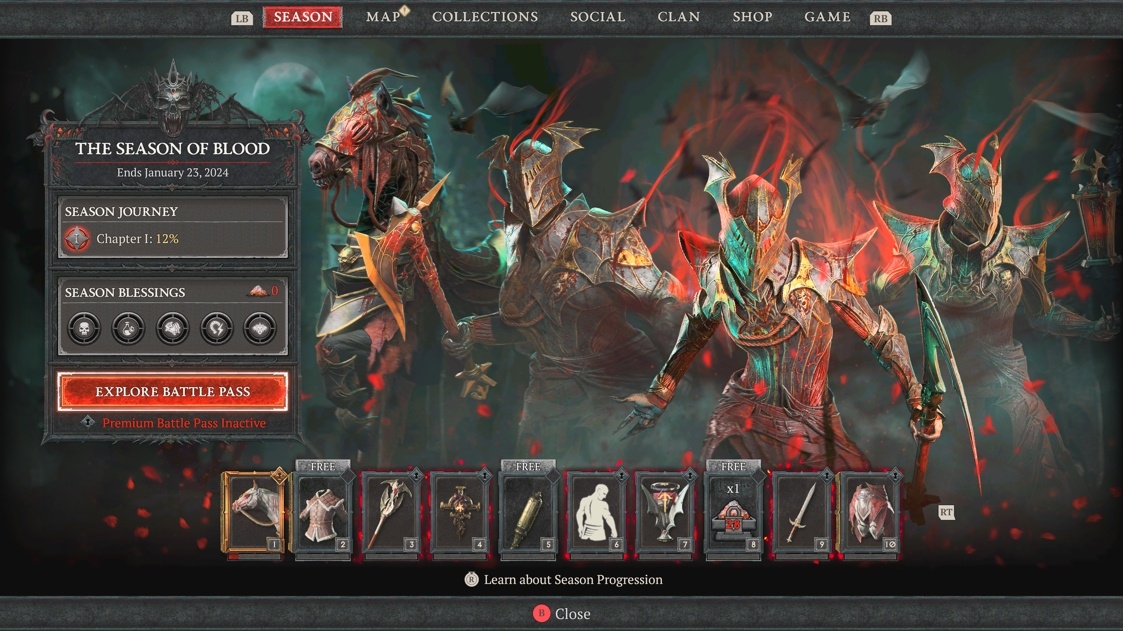 A screenshot of the Battle Pass page in Diablo 4, showing available rewards.