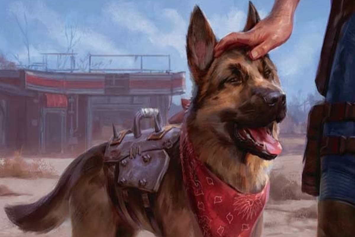 Dogmeat, the dog companion from Fallout 4, receives a scratch on the head and wears a red bandana.